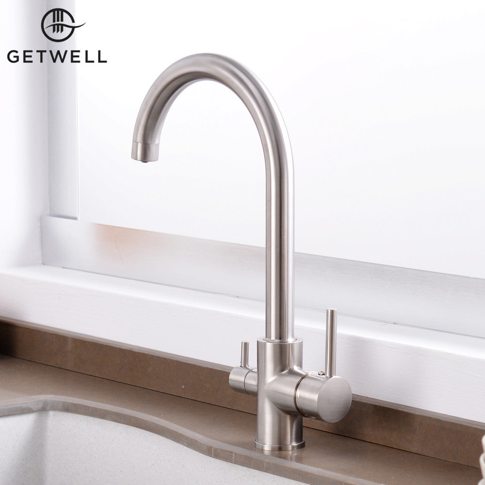 Sinuosity two-handle 3-way stainless steel kitchen tap – tap water and filtered water